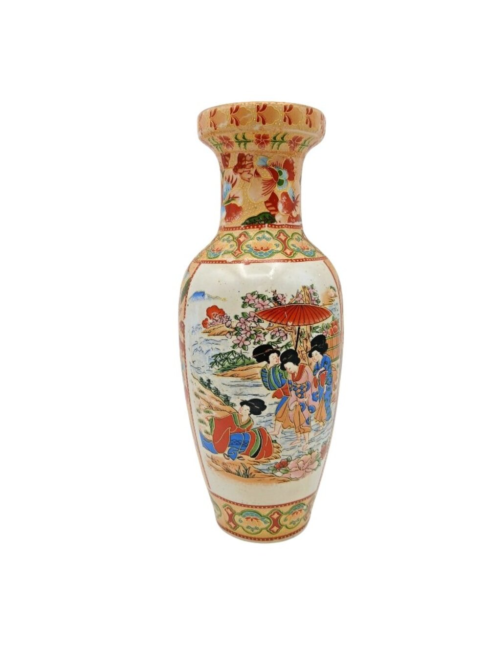 Japanese Satsuma Vase Geisha Scenic Floral Gold Gilt Pottery 10"